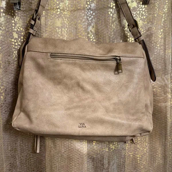 Via Luna Boutique Boho Taupe Vegan Leather Shoulder Satchel Bag Purse - Image 2