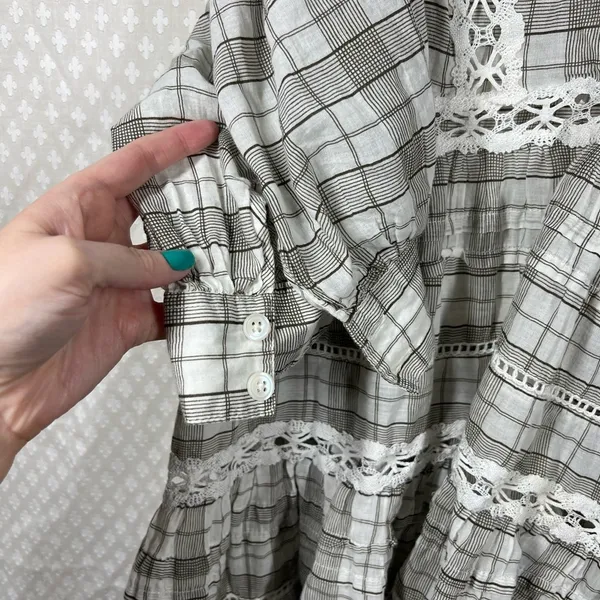 Free People White Grey‎ Plaid Time Out Eyelet Tiered Tunic Top - Image 4