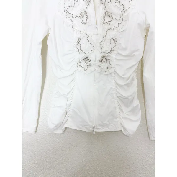 Anne Fontaine White Pima Cotton Ruffle Zip Up Night Top Size 42 - Image 9