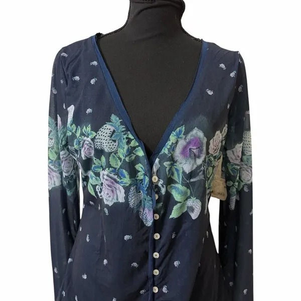 Free people Blue Floral Print Button Down Sheer/Mesh(Size Small) - Image 6