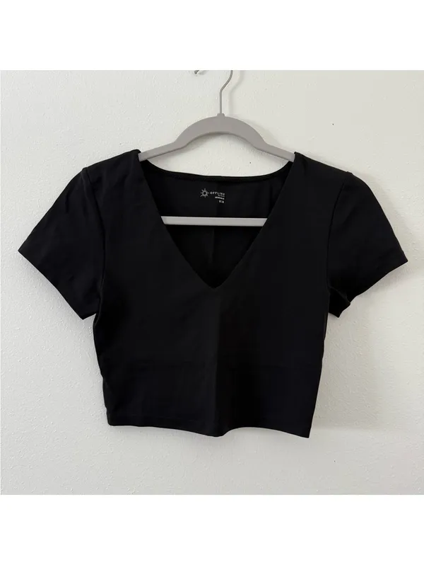 Aerie Ofline Real Me Grunge Clean Girl Black v-neck Cropped Fitted Tee- medium - Image 5