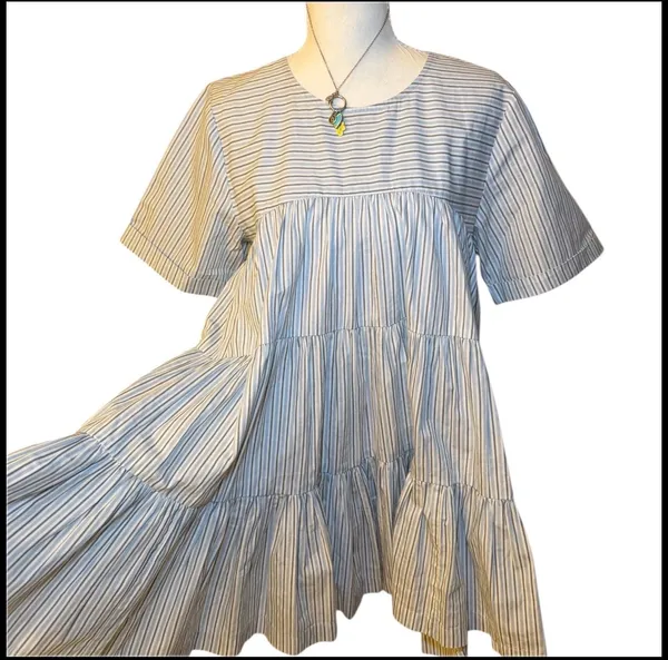 Free People Blue Stripe Babydoll Mini Dress Tiered Short Sleeve Size M NWT - Image 4