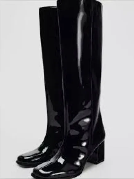 Zara patent leather knee high boots in black - Image 2