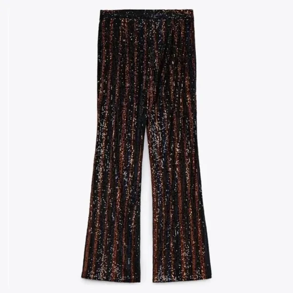 Zara | Sparkle Sequins Flare Wide Leg Pants Striped‎ Black Red - 3440/251/800 - Image 5