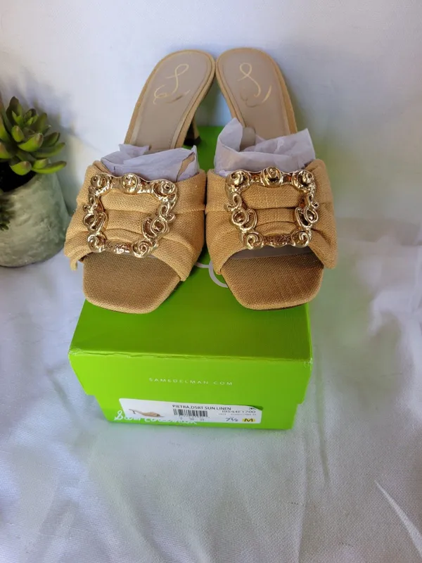 San Edelman Women's Pietra Dsrt Sun Linen Kitten-Heel sandals Size 7.5 Yellow - Image 6