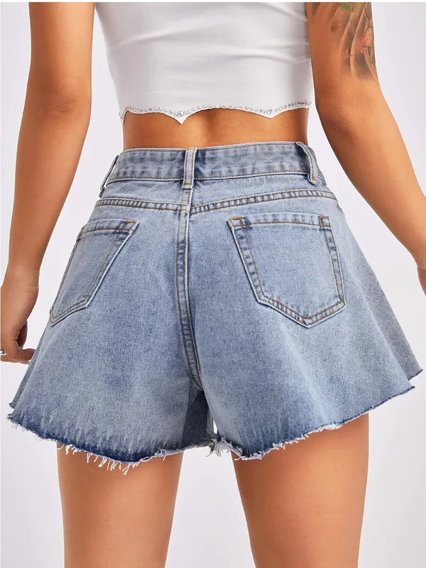 SweatyRocks Light Wash High-Rise Denim Shorts with Frayed Hem Size Medium - Image 2
