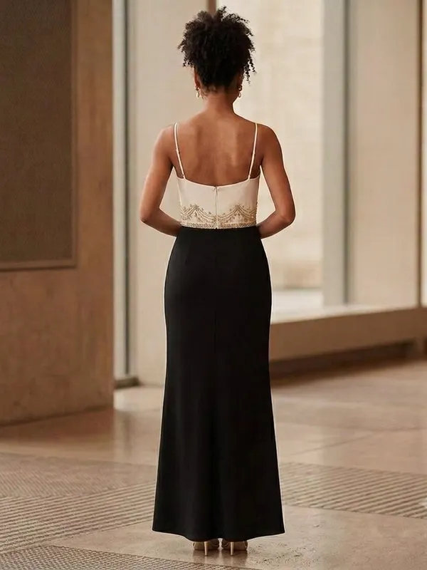 Badgley Mischka Formal Gown 10 Black White Beaded Silk Pearl High Low Maxi - Image 2