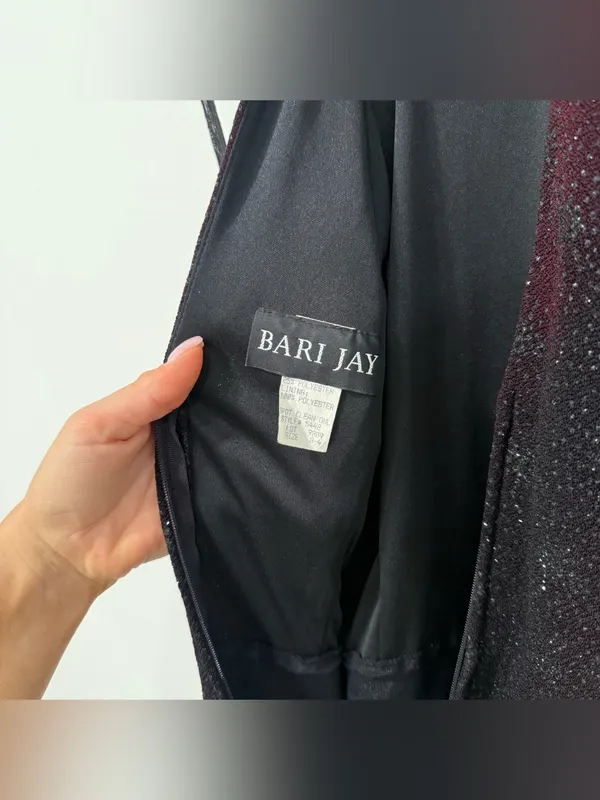 Bari Jay Vintage Sparkly Maroon Beaded Halter Satin Formal Evening Gown 4/6 - Image 4