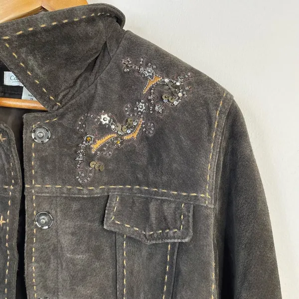Coldwater Creek Y2K Brown Suede Leather Western Cowgirl Embroidered Jacket L - Image 3