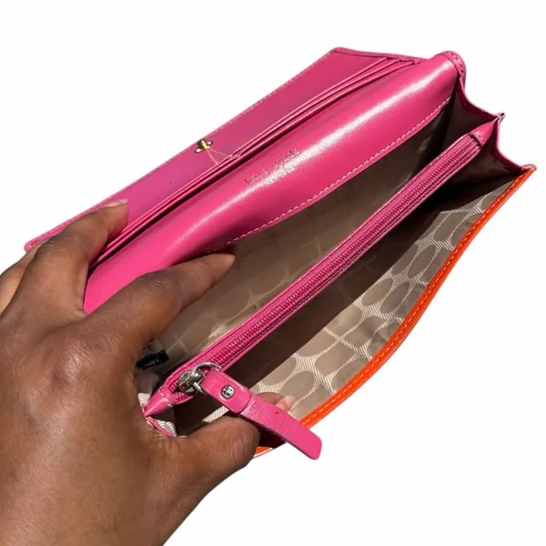 Kate Spade New York Continental Wallet Orange Hot Pink Leather Colorblock - Image 7