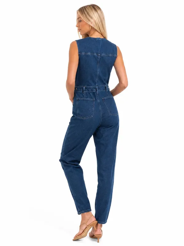 Universal Threads Tailored Denim Zip Front Sleeveless Jumpsuit Dark Wash Size 8 - Image 2
