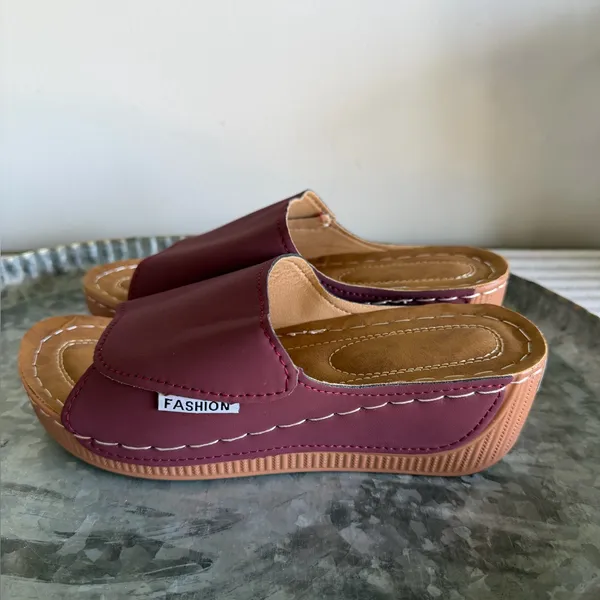 Women's Wedge Slip On Wine Colored Open Toe Shoe Size 37 aka 7 #260767 - Image 3