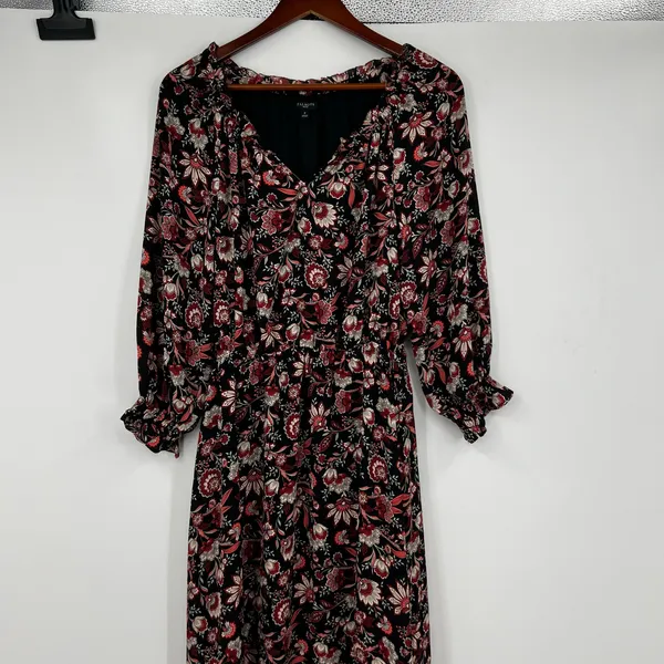 Talbots black Midi Floral leaf print Dress Bracelet Sleeve autumn Size P (XS) - Image 6