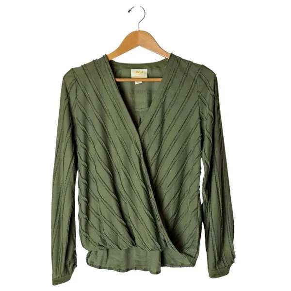 Maeve Audre Top Women XXS Olive Green Textured Faux Wrap Long Sleeve Boho - Image 2