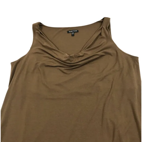 EILEEN FISHER Cowl Neck Jersey Knit Midi Dress Sz L Brown Coastal Relax Made USA - Image 5
