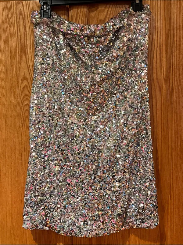 Mable Silver Allover Sequin‎ Bodycon Strapless Mini Dress Front Slit Size Large - Image 2