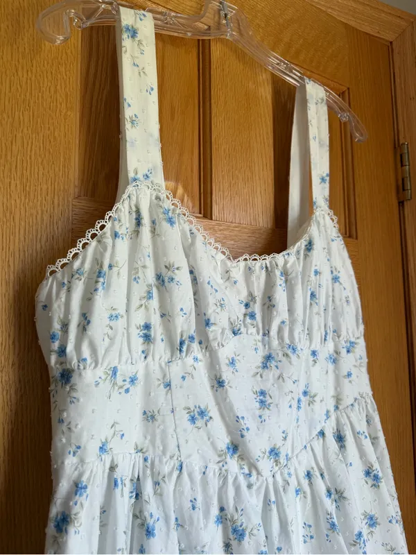 Altar'd State Maya Blue Floral Swiss Dot Open Back Bow Mini Dress NWT XL - Image 5