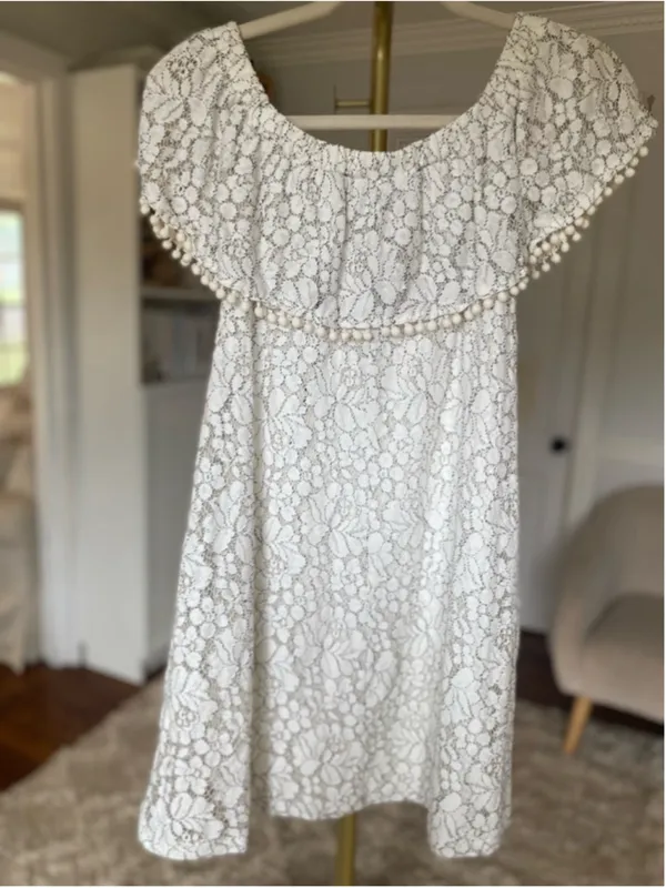 As You Wish White Mini Dress Lace‎ Pom Trim Cottagecore Romantic Boho S - Image 3