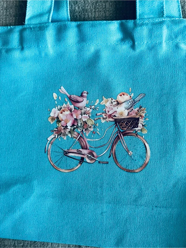 Women’s Aqua Blue Canvas Mid Size Floral/Bike Design Tote Bag NWT - Image 3