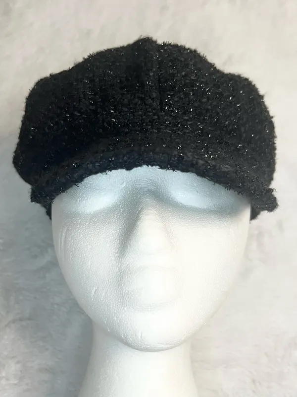 Vintage Y2K Textured Black Tweed Newsboy Cap Cabbie Hat - Image 3