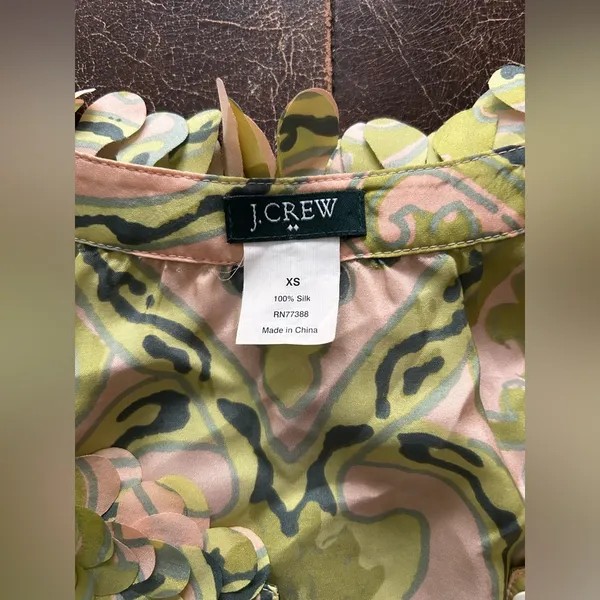 J. Crew Silk Pink and Green Medallion Patterned Sleeveless Petal Ruffle Neck Top - Image 4