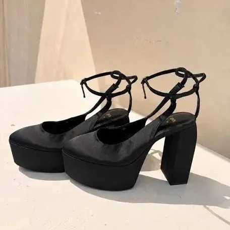 Zara Black Satin Platform Slingback Chunky Platform Heels Size 39 / 8.5 - Image 2