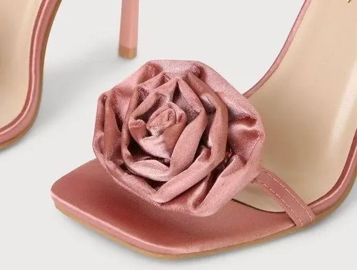 NWT 𝅺Lulu’s Flowaa Pink Satin Rose Rosette Flower Ankle Strap Heels Size 7.5 - Image 2