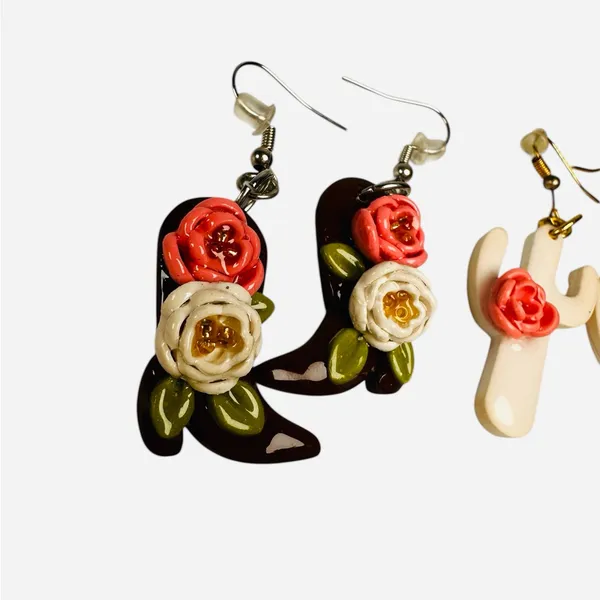 Artisan! Handmade Cowboy Boots /Cactus Rose / Lemon Clay Hook Earrings 3 Pair - Image 2