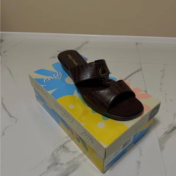 easy street Brown Croc Slide Sandals with Ring Accent - Image 2