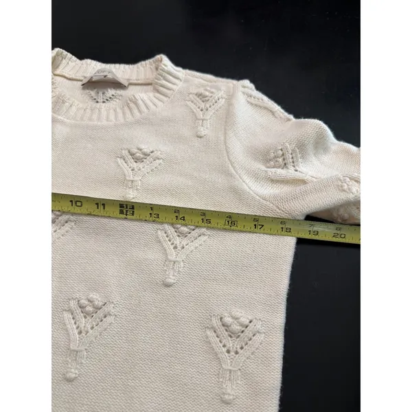 LOFT Womens Cream Textured Bobble Pointelle Knit Crewneck Sweater‎ Ivory Small - Image 3