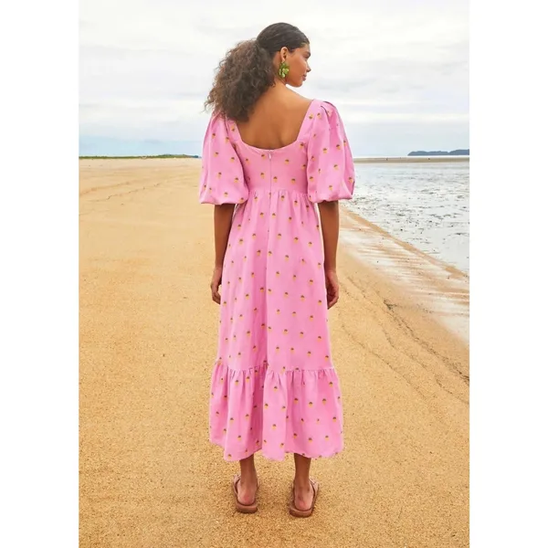 Farm Rio Pink Linen Embroidered Pineapples Tiered Midi Dress SMALL - Image 8