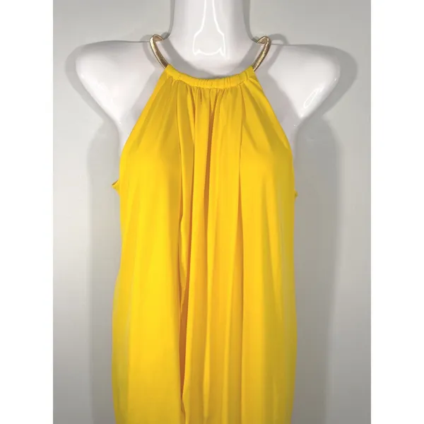 Kensie Yellow Halter‎ Dress Gold Chain Neckline Draped Layered Mini Size 2 - Image 2
