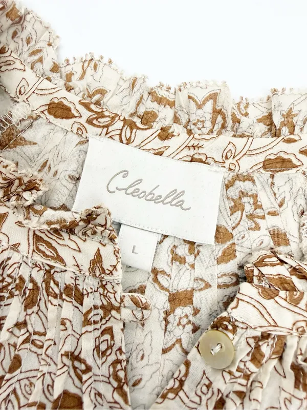 Cleobella Reza Blouse Peasant Tamil Block Print Floral Cotton Boho Brown Ivory - Image 13
