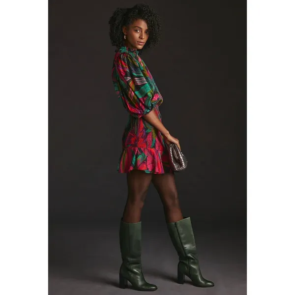 Farm Rio Tropical Palm‎ Leaf Smocked Puff Sleeve Mini Dress XL Vacation Resort - Image 5