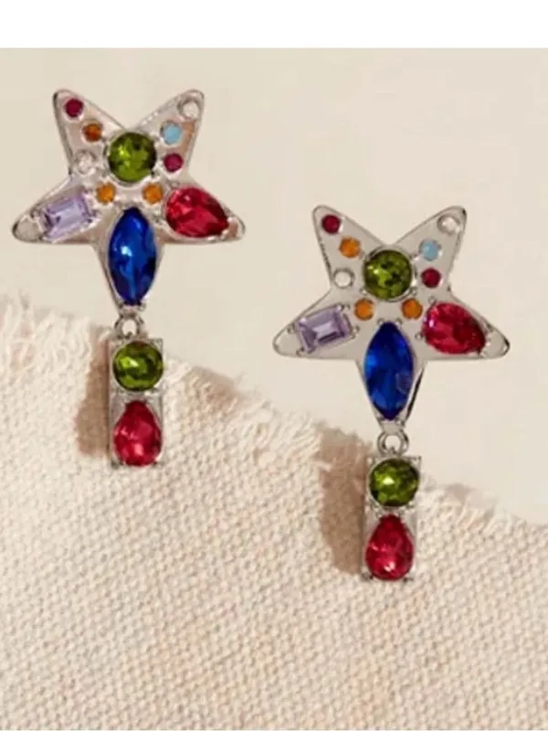 Free People NancyAnn Star Multicolor Crystal Drop Earrings Metal Fashion Jewelry - Image 2