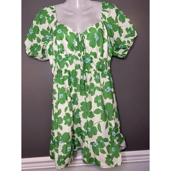 Le Lis Dress Womens Medium Green Floral Puff Sleeve Sweetheart Ruffle Sundress - Image 2