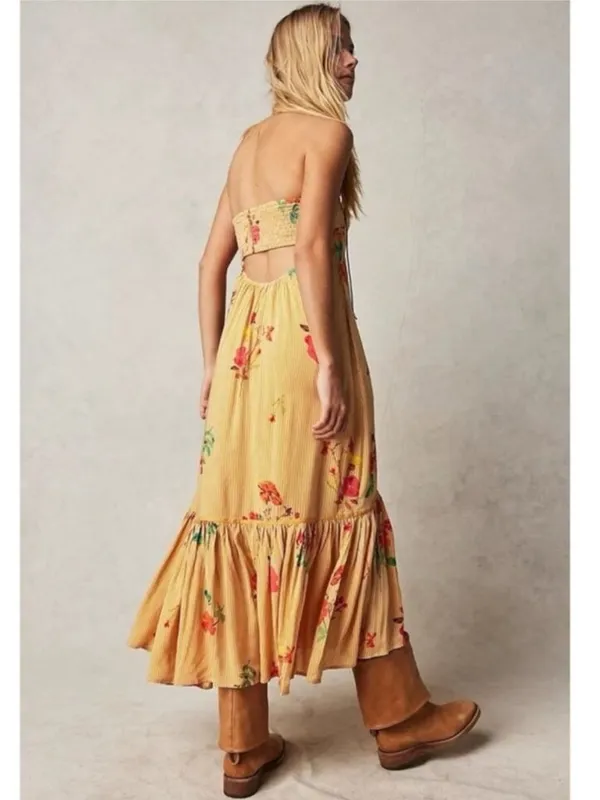 Free People Bohemian Rosie Posie Strapless Midi Dress Yellow Floral Size Small - Image 2