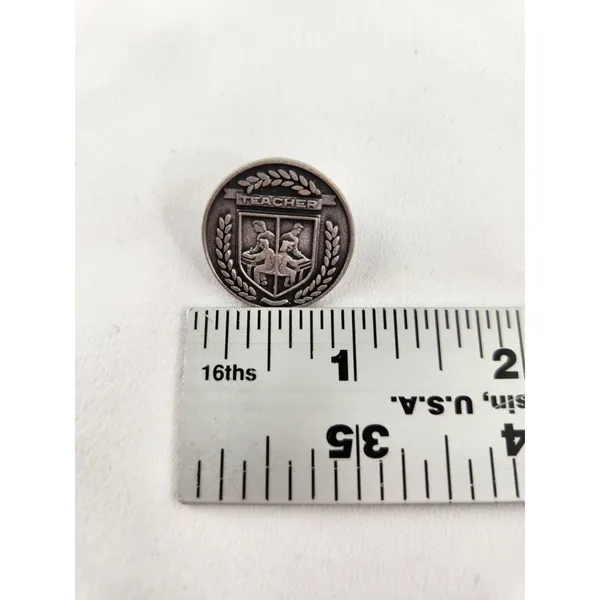 Vintage‎ Pewter Teacher Crest Silver Tone Round Pin Button Award Merit Student - Image 4