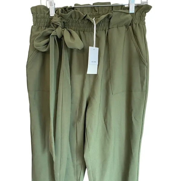 Grace Karin Paperbag Waist Pants Olive‎ Green Tie Belt Cropped Ankle Leg L NWT - Image 8