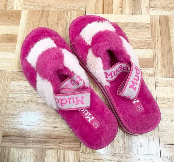 MUDD Stormy Fuchsia/White Fuzzy Elastic Slingback Slides Platform Slippers Sz 9 - Image 2