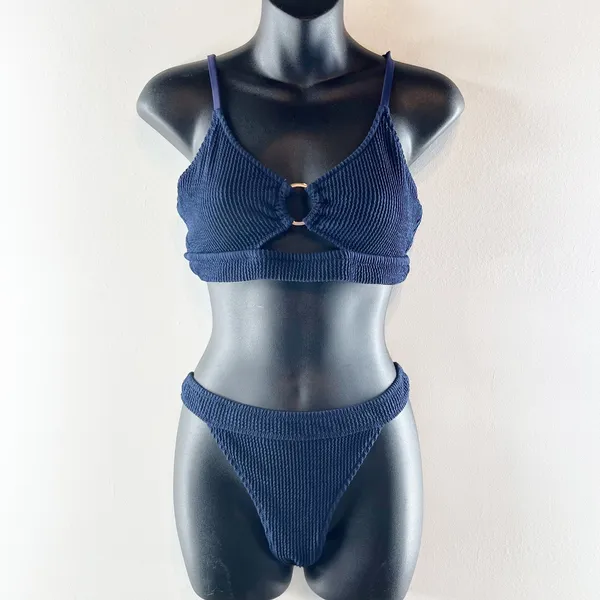 Aerie Crinkle Scoop Cutout Bikini Top & Pull Cheeky Bikini Bottom Set Navy Large - Image 5