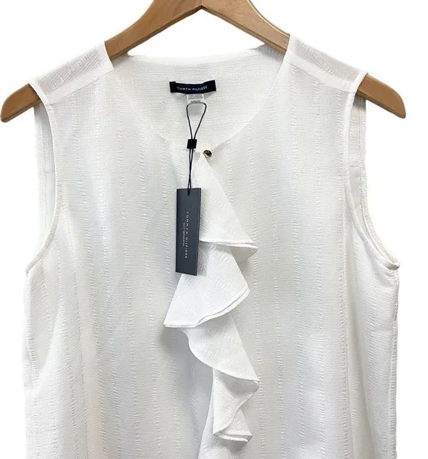 TOMMY HILFIGER White Sleeveless Ruffle Front Top M Lined Blouse - Image 7
