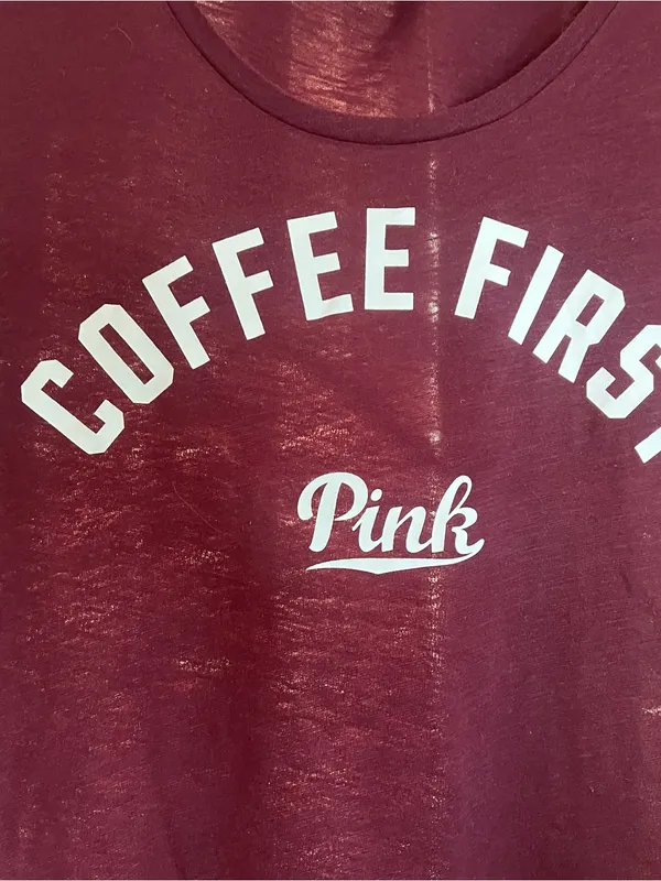 Y2K PINK Victoria's Secret Women's 'Coffee First' Deep Wine Tee Size Large - Image 5