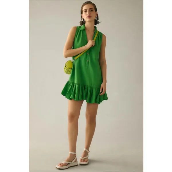 Anthropologie Pilcro Green Sleeveless Ruffle Hem Linen Mini Dress - Image 2