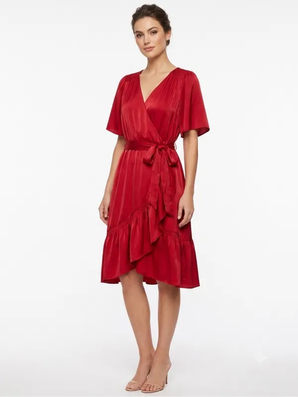 Maurices Deep Red Semi Satin Faux Wrap Ruffle Midi Dress Size Medium - Image 12