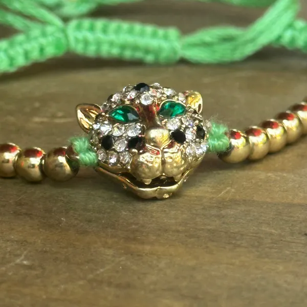 Jeweled Jaguar Macrame Bead Bolo Bracelet Green - Image 4