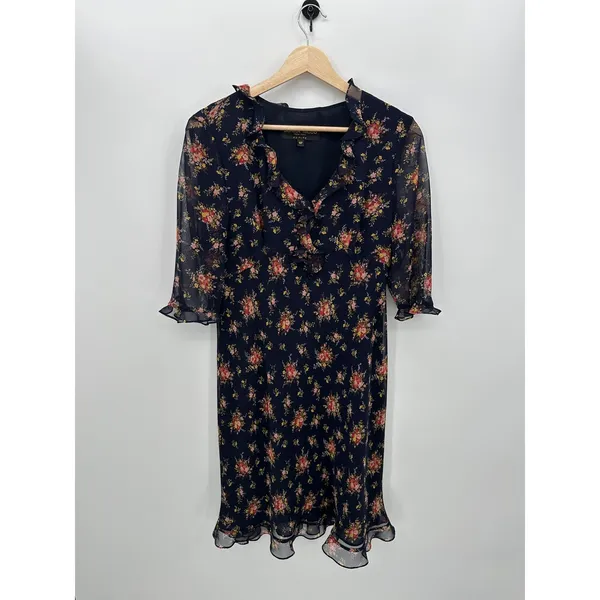 Donna Ricco Floral‎ Midi Dress Size 10P Feminine Ruffle Dainty Modest Sheer - Image 3