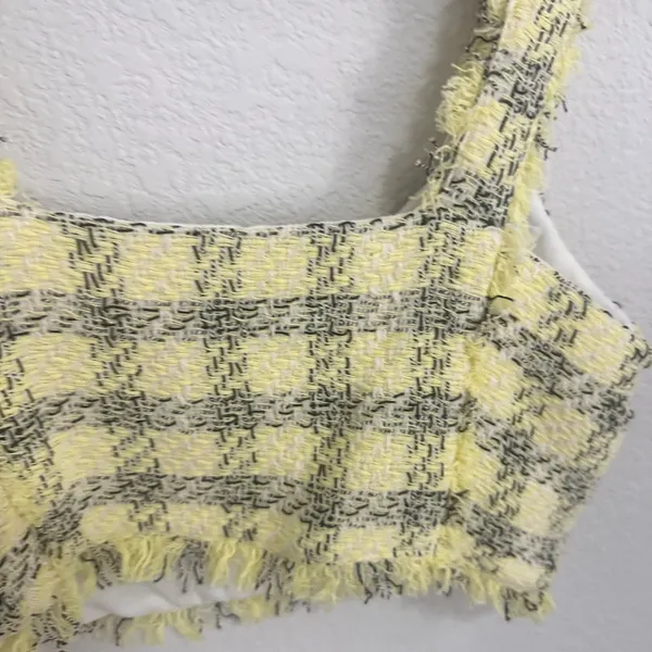 Zara Textured Weave Frayed Hem Yellow Black Tweed Clueless Crop Top Y2K Medium - Image 8