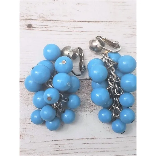 Vintage Clip On Earrings Bright Blue Balls Dangle Large Statement - Image 2
