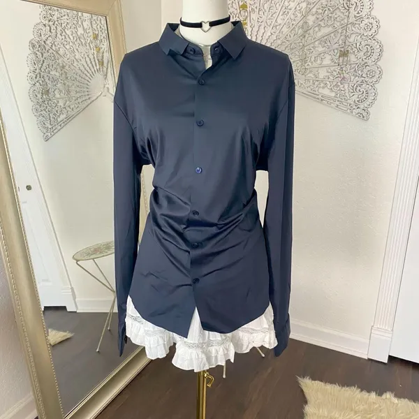 Source Unknown NWOT Navy Blue Satin Button Up Blouse Size XL - Image 2